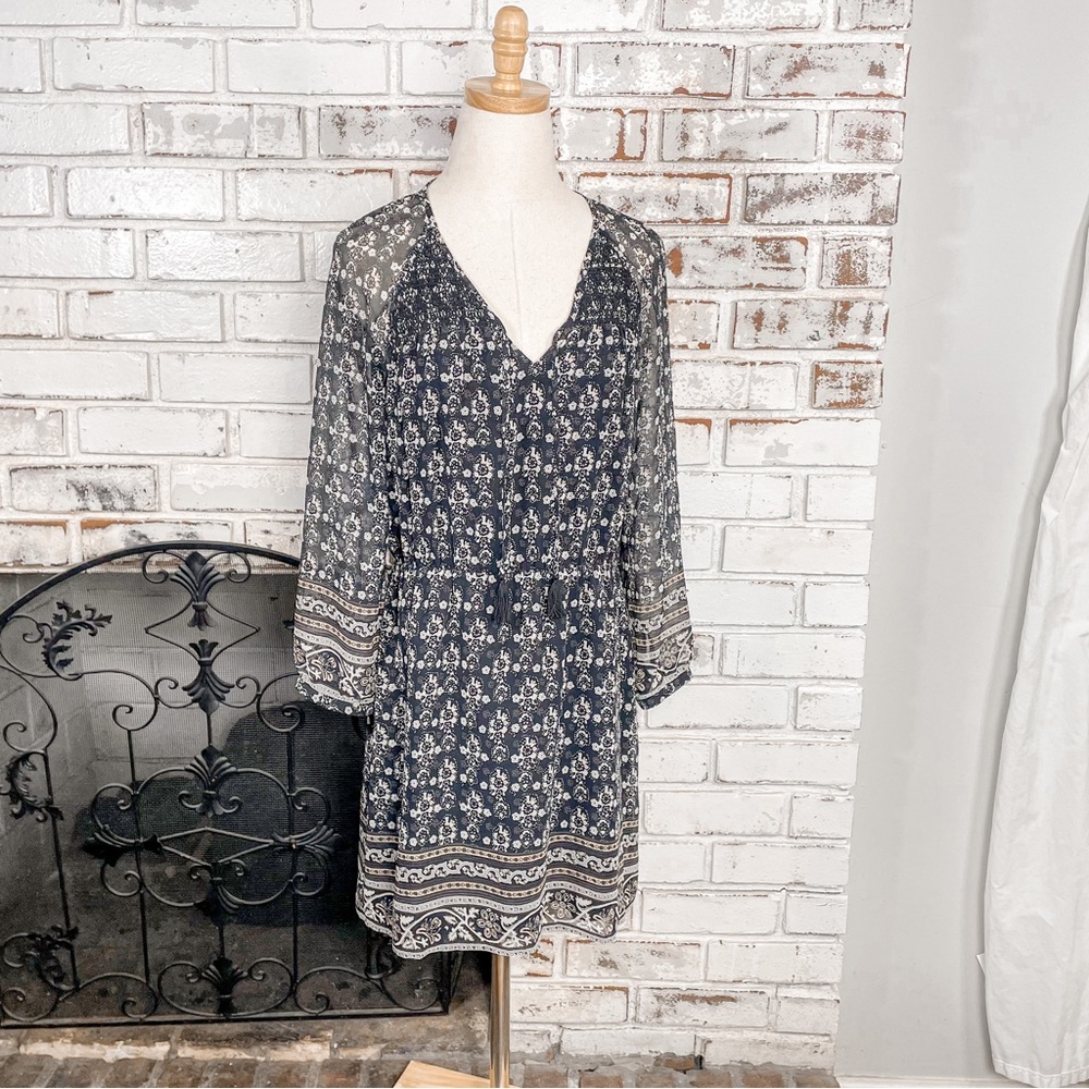 Madewell Woodland Boho Black & White 3/4 Sheer Sleeve Lightweight Mini Dress 6